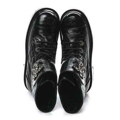 Chanel Shiny Calfskin Quilted Lace Up Combat Boots 36 Black 2 of 10