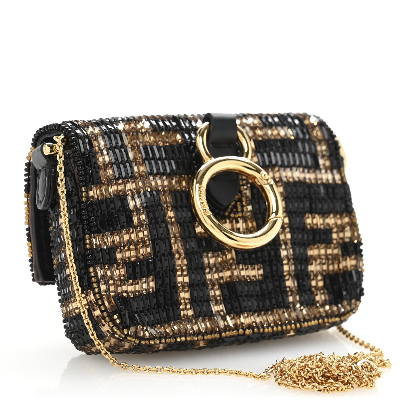 Crystal Vitello King FF Beaded Nano Maxi Buckle Baguette Charm Moro Black