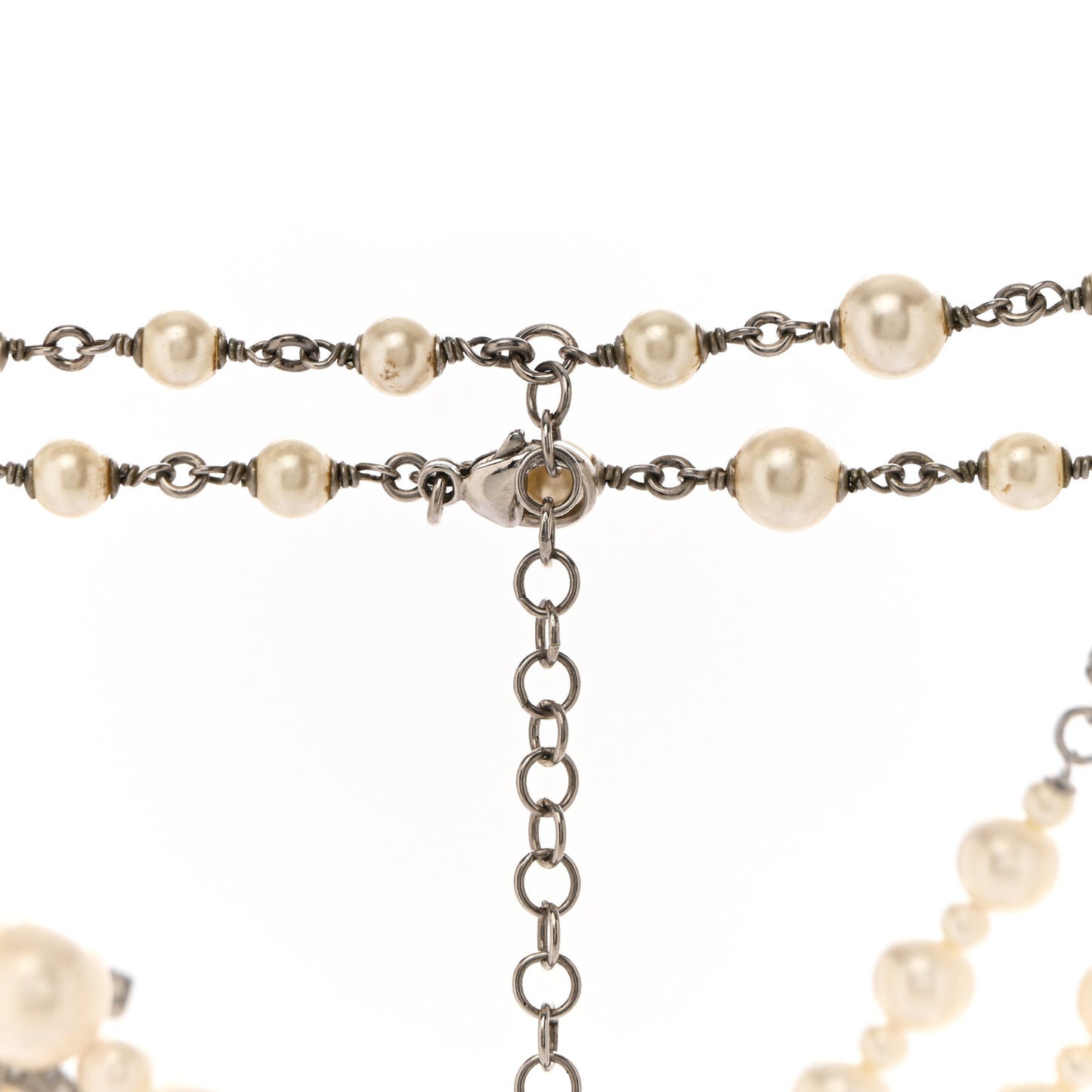 Pearl Crystal CC Bow Lavalier Necklace Silver