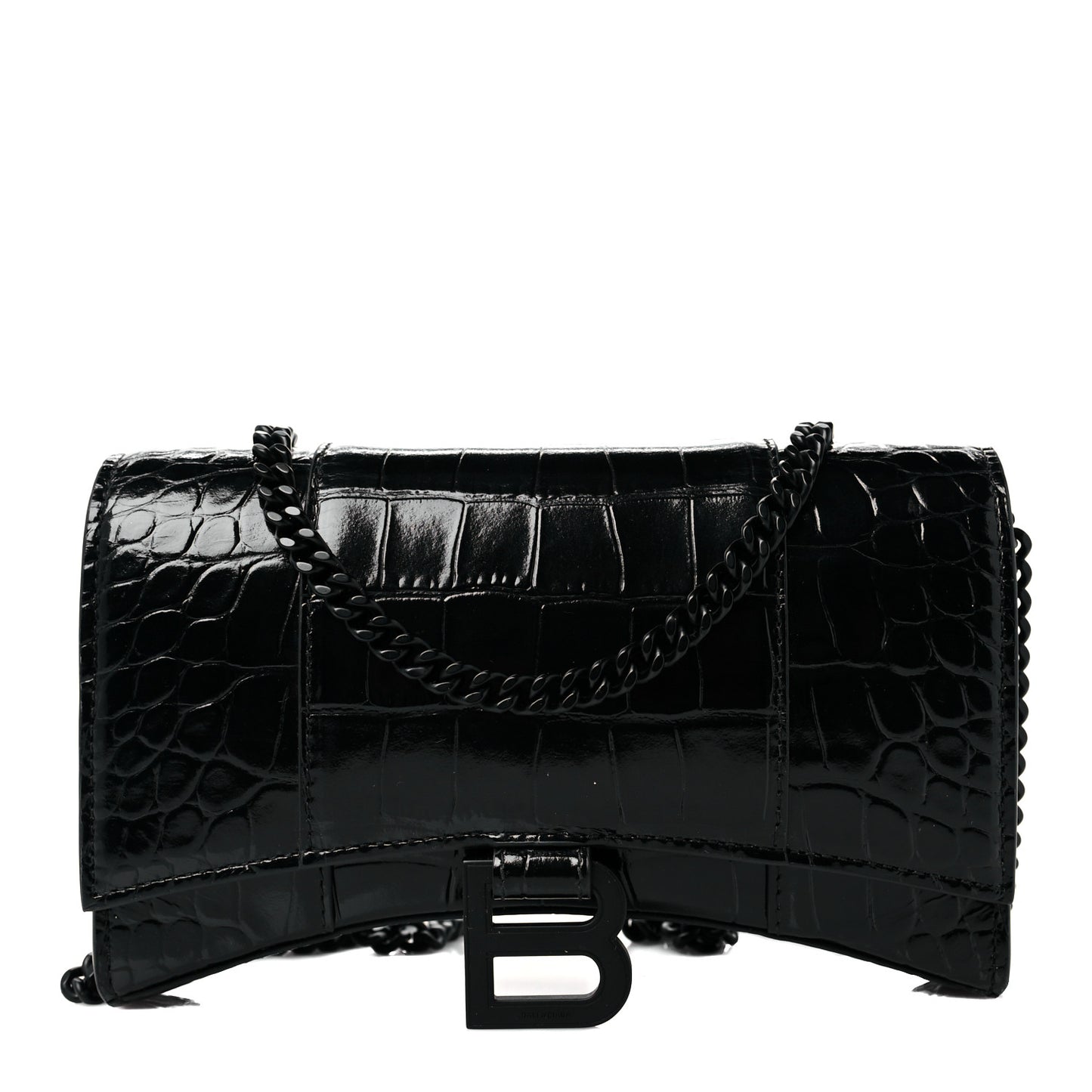 Shiny Calfskin Monochrome Crocodile Embossed Hourglass Chain Bag Black