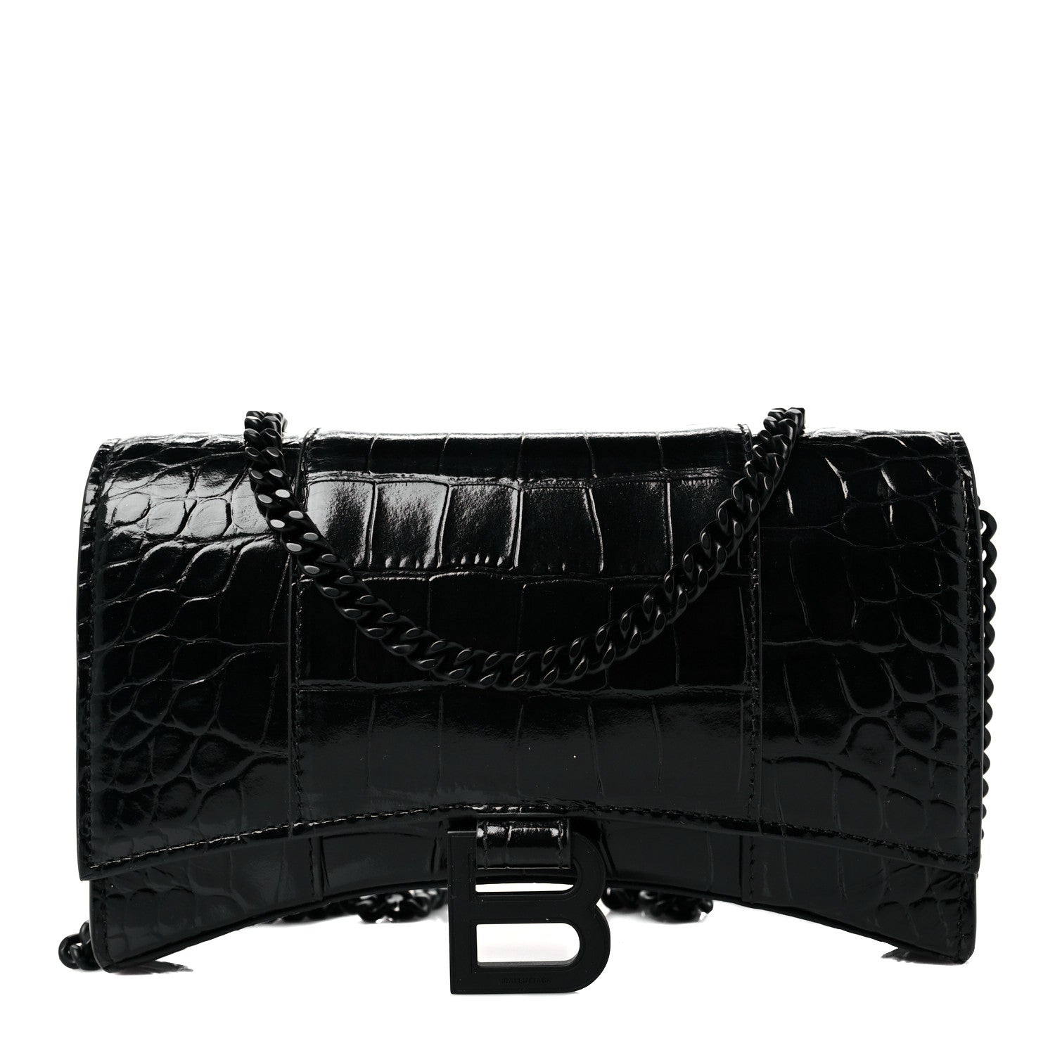 Balenciaga Shiny Calfskin Monochrome Crocodile Embossed Hourglass Chain Bag Black 1 of 9
