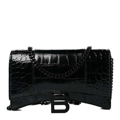 Balenciaga Shiny Calfskin Monochrome Crocodile Embossed Hourglass Chain Bag Black 1 of 9