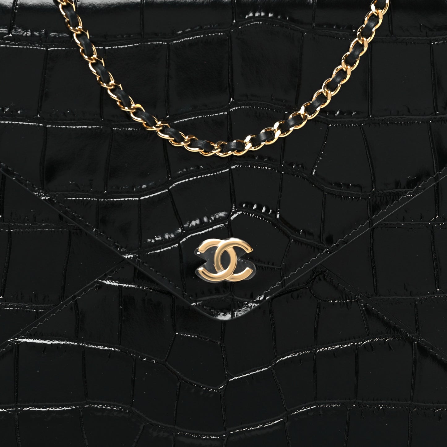 Calfskin Crocodile Embossed Croc Illusion Clutch With Chain  Black
