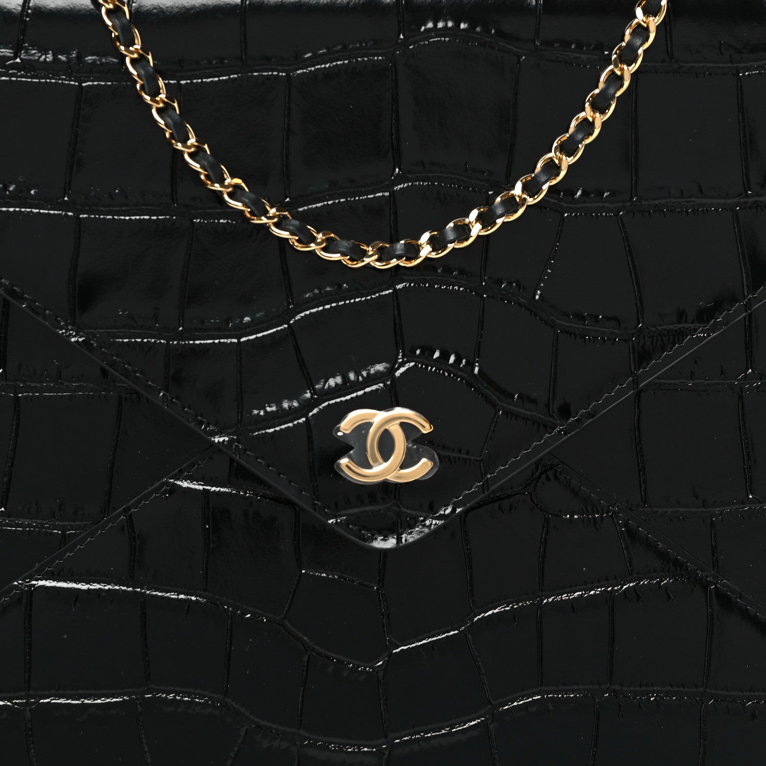 Chanel Calfskin Crocodile Embossed Croc Illusion Clutch With Chain  Black 7 of 10