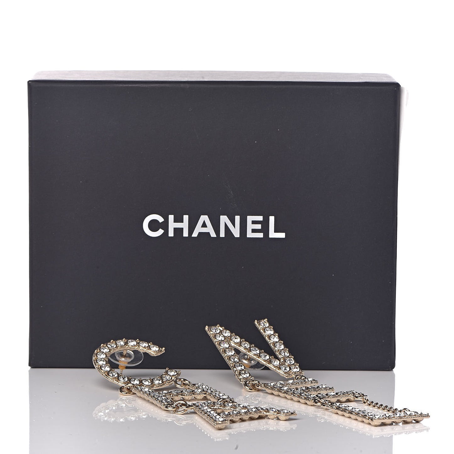 Crystal Cha-Nel Logo Drop Earrings Gold