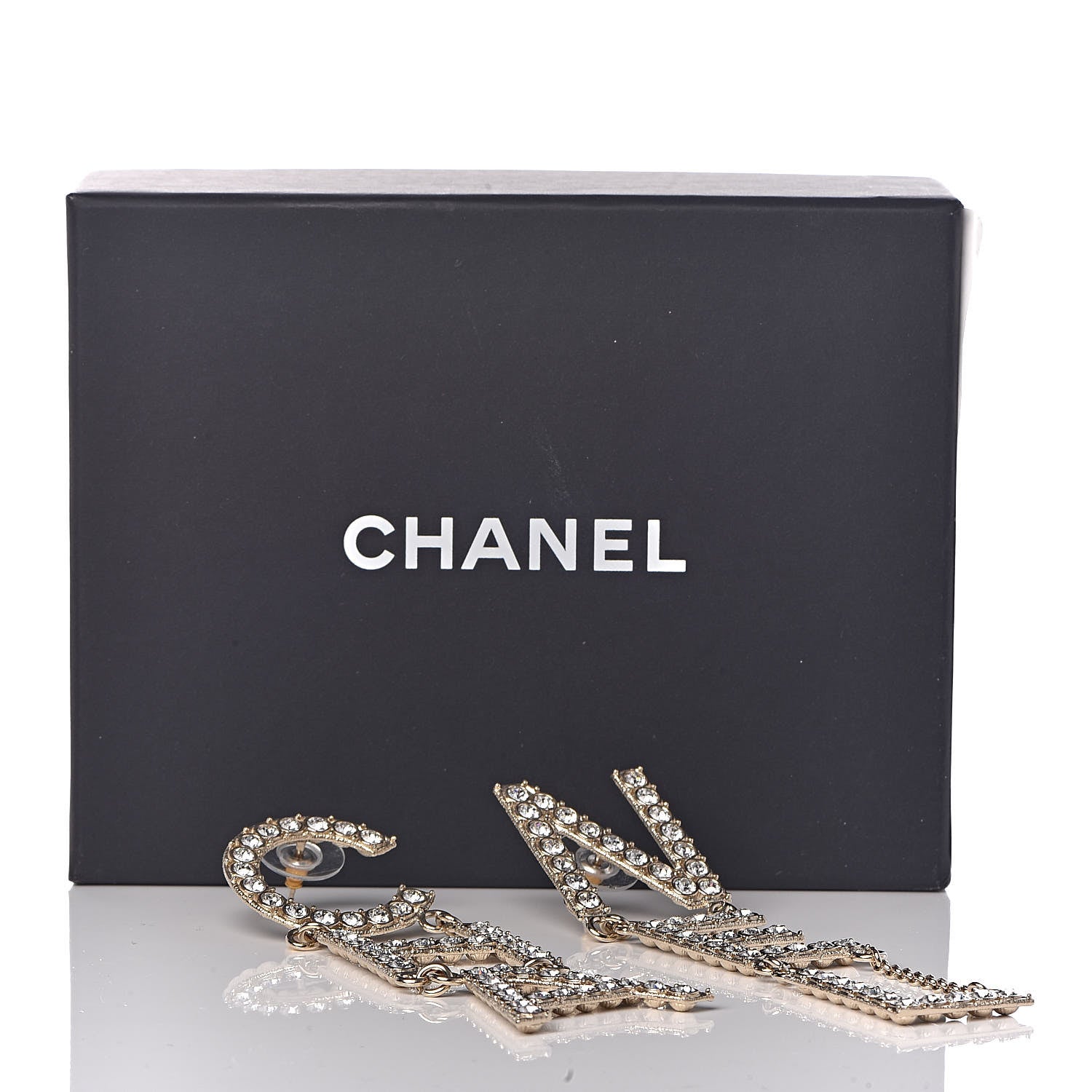 Chanel Crystal Cha-Nel Logo Drop Earrings Gold 5 of 5