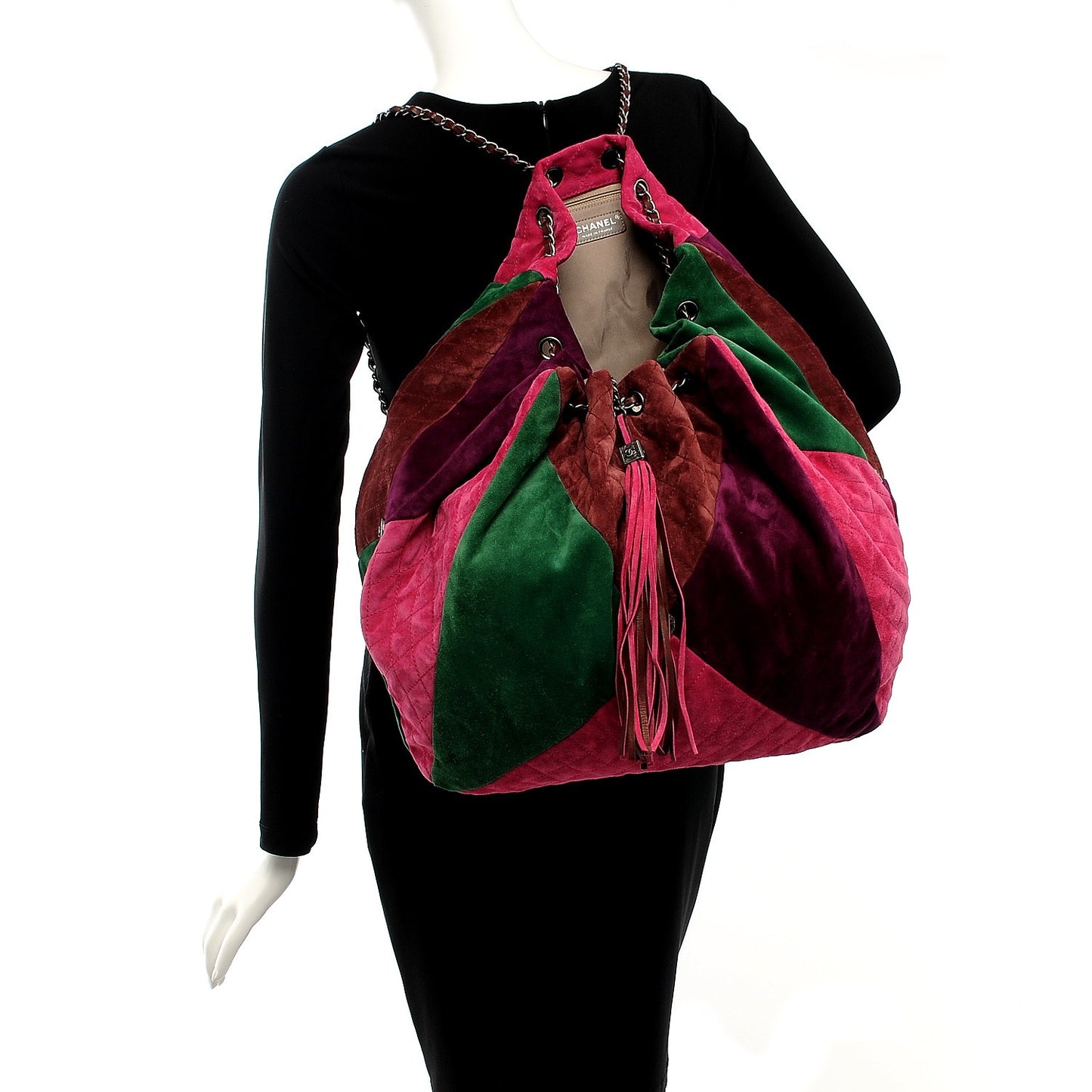 Suede Quilted Patchwork Drawstring Backpack Green Pink Purple Burgundy