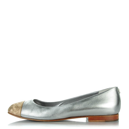 Chanel Metallic Lambskin Crystal Cap Toe CC Ballerina Flats 39 Silver Gold 1 of 8