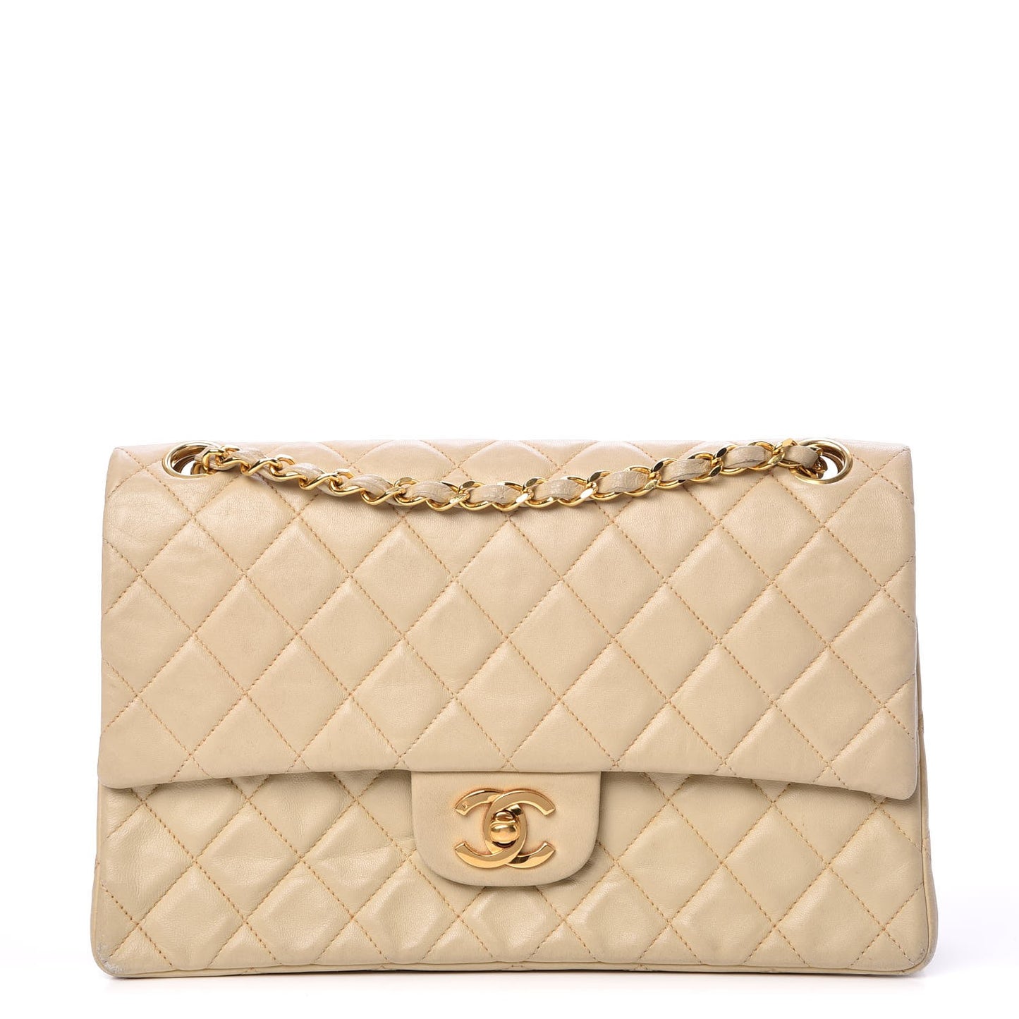 Lambskin Quilted Medium Double Flap Beige
