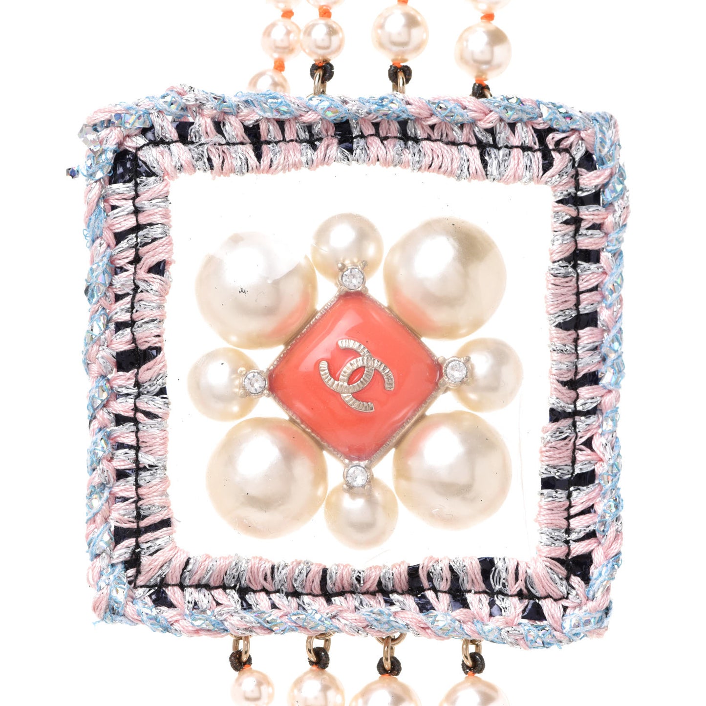 Pearl Crystal Gripoix CC Multi Strand Necklace Orange Multicolor