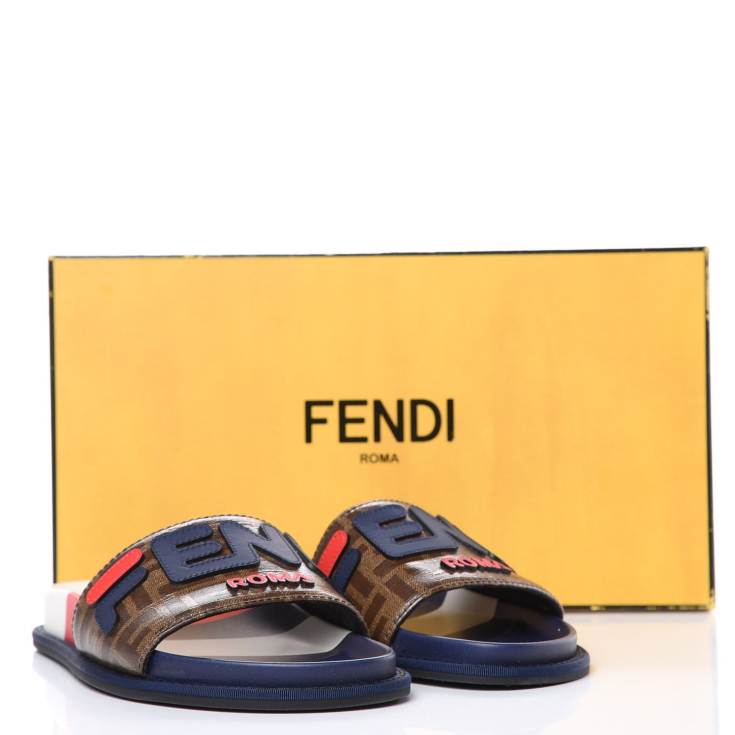 X FILA Glazed Fabric Calfskin FF 1974 Mania Slide Sandals 38 Mogano Panna Blueberry Caipiroska