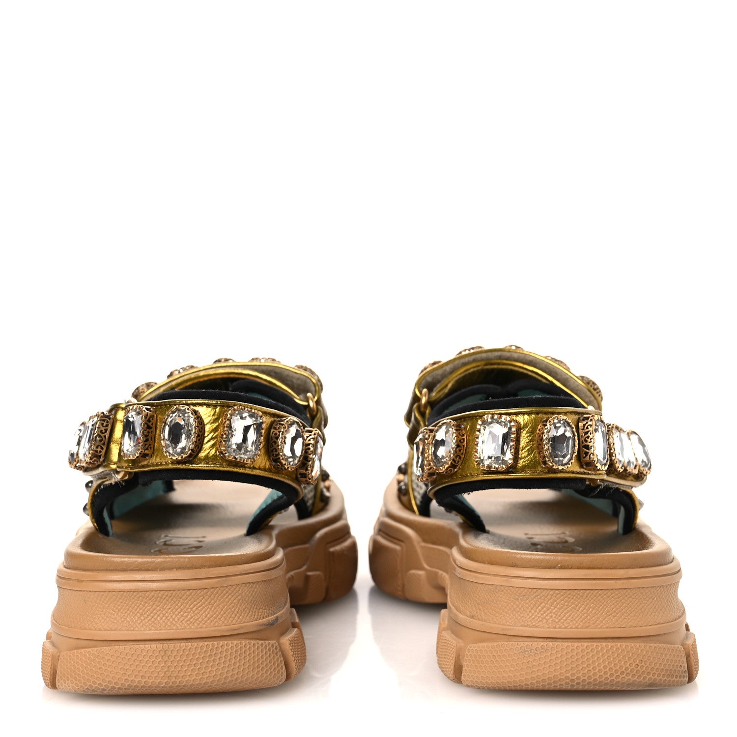 Gucci Silk Calfskin Mesh Crystal Embellished Studded Womens Aguru Sandals 38.5 Gold 6 of 12