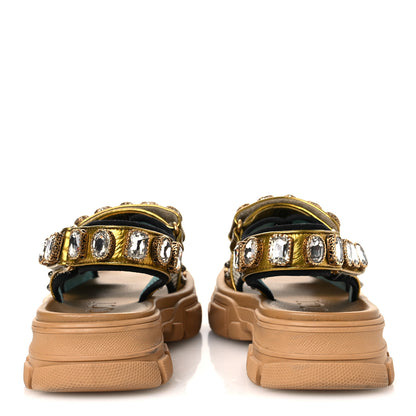 Gucci Silk Calfskin Mesh Crystal Embellished Studded Womens Aguru Sandals 38.5 Gold 6 of 12