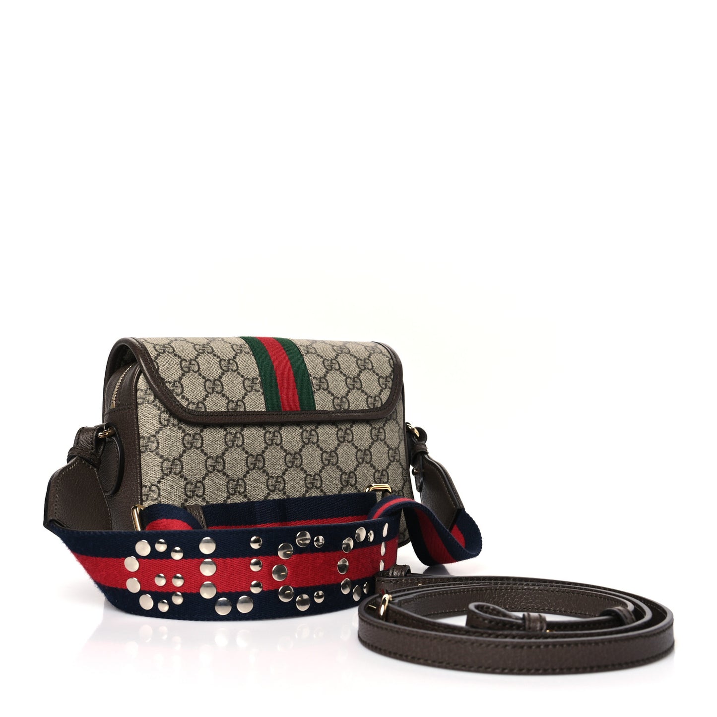 GG Supreme Monogram Textured Dollar Calfskin Web Studded Mini Ophidia Flap Shoulder Bag Beige Ebony New Acero