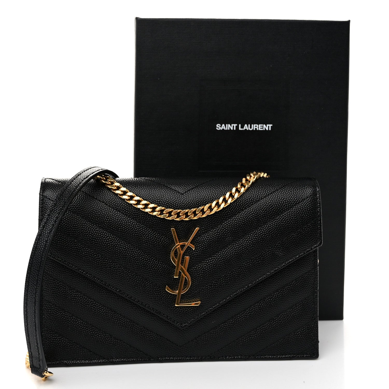 Saint Laurent Grain De Poudre Matelasse Chevron Monogram Envelope Chain Wallet Black 10 of 10