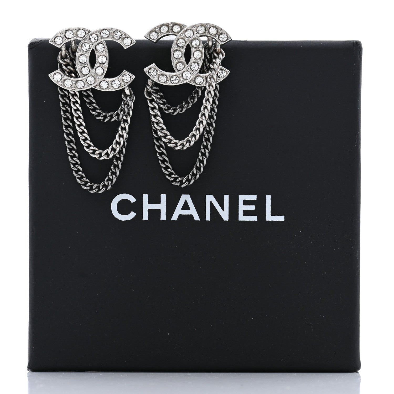 Chanel Crystal Chain CC Earrings Silver 5 of 5