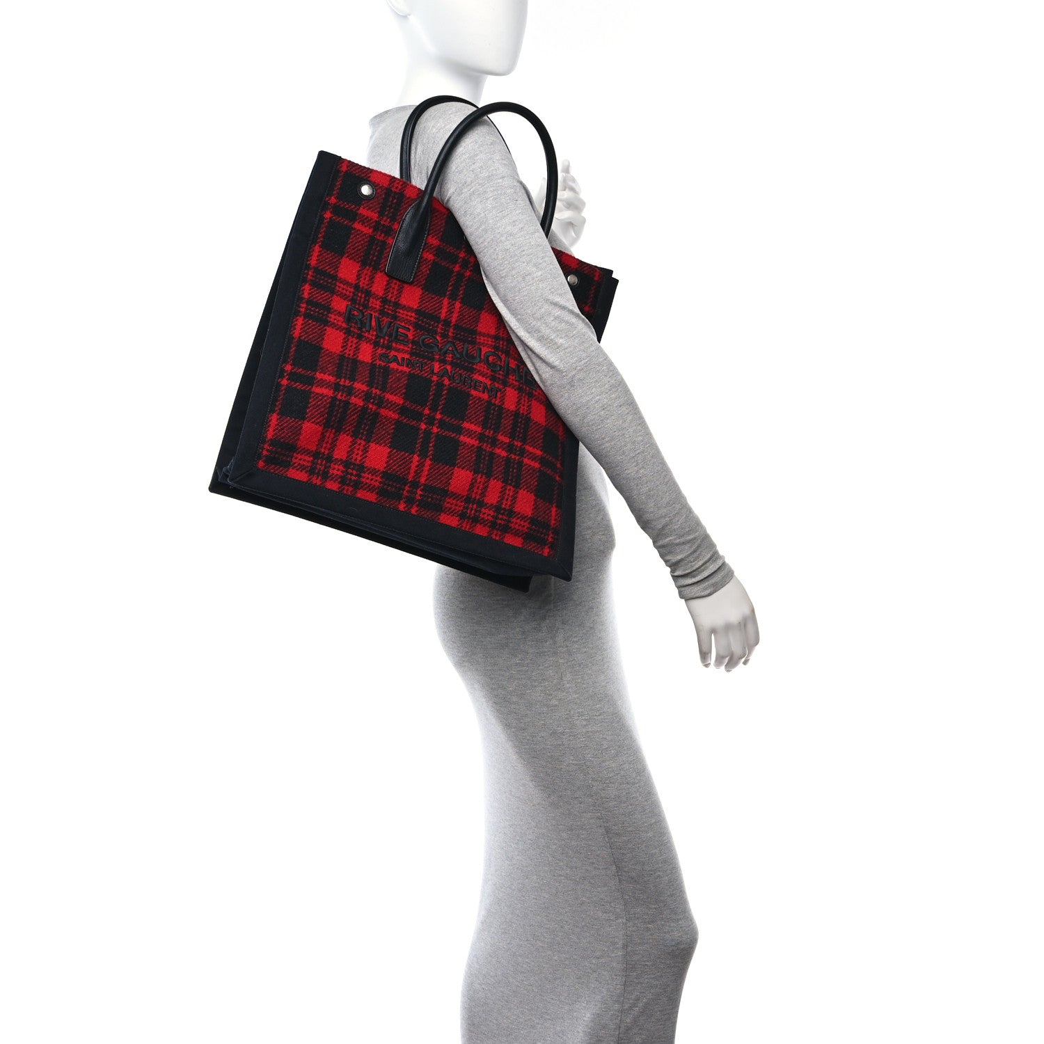 Saint Laurent Wool Tartan Rive Gauche Noe Tote Red Black 2 of 10
