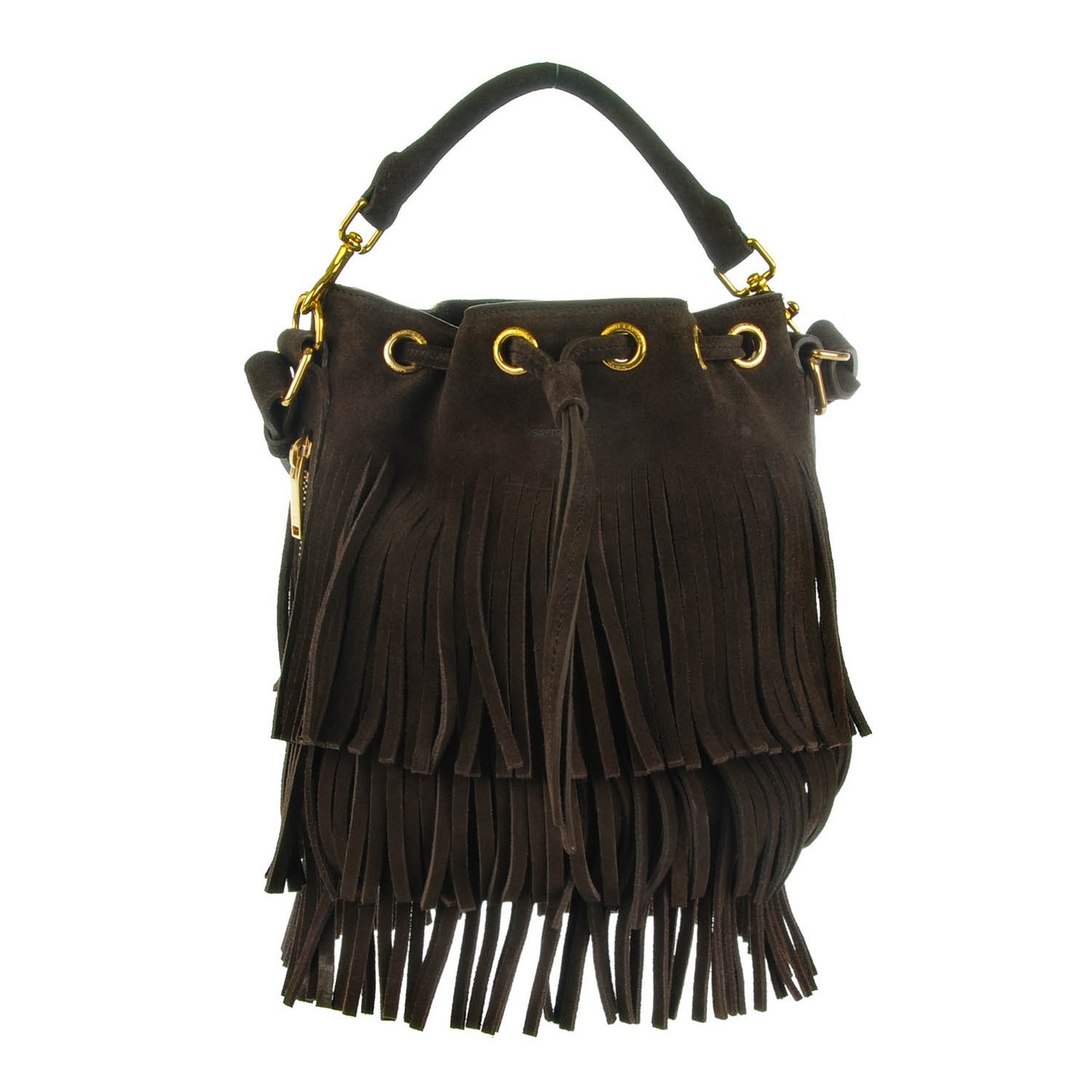 Suede Calfskin Small Emmanuelle Fringe Bucket Bag Brown