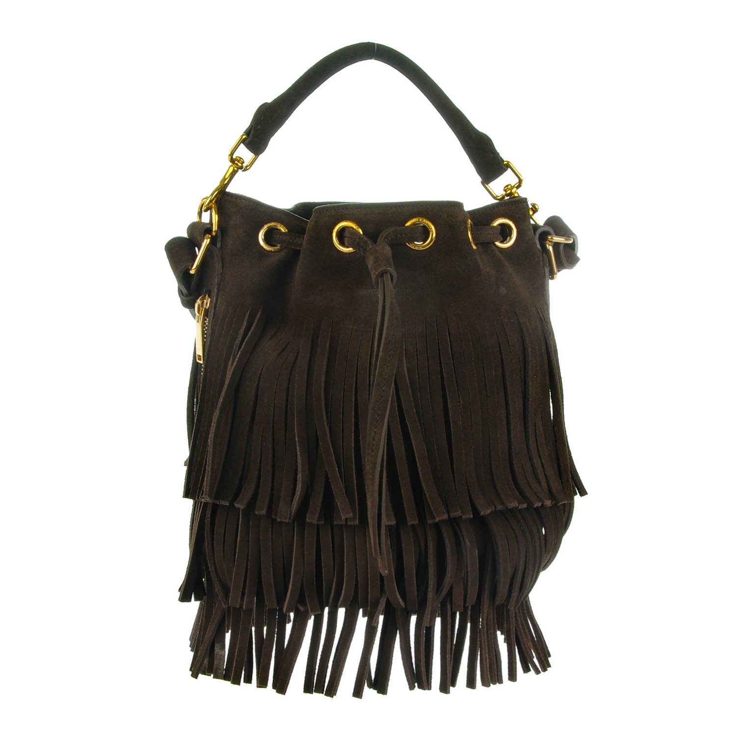 Saint Laurent Suede Calfskin Small Emmanuelle Fringe Bucket Bag Brown 1 of 7