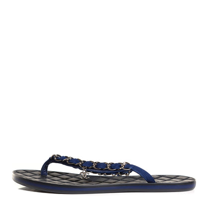Chanel Suede Chain CC Thong Sandals 36.5 Navy Blue 1 of 5