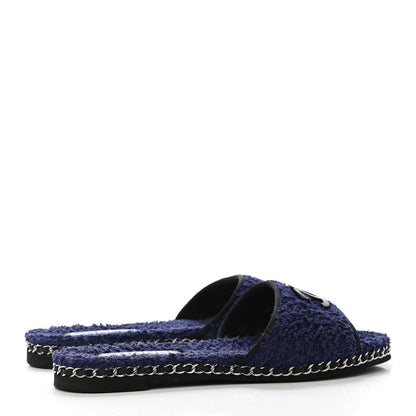 Chanel Terry CC Flat Mules 39 Navy Blue 3 of 4