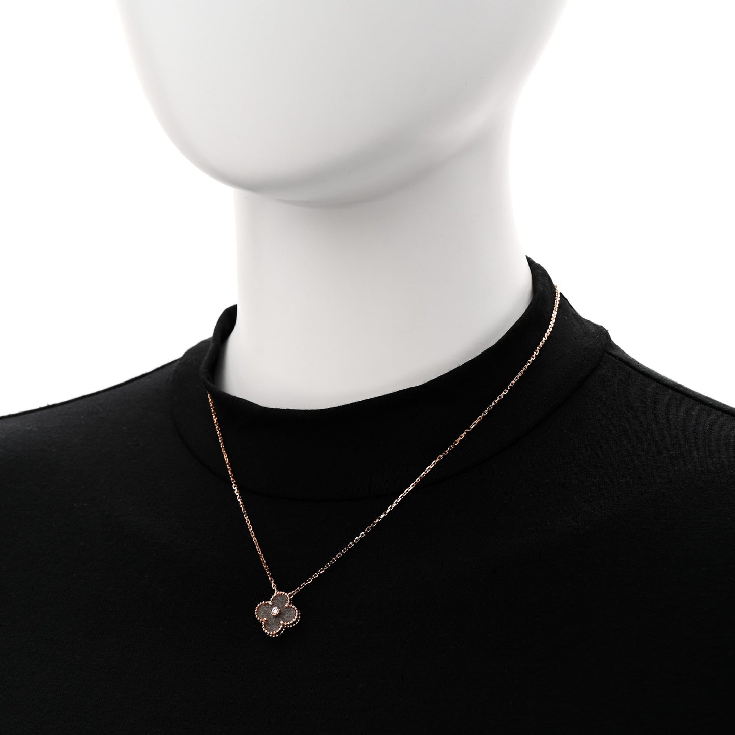18K Rose Gold Diamond Silver Obsidian Vintage Alhambra Pendant Necklace