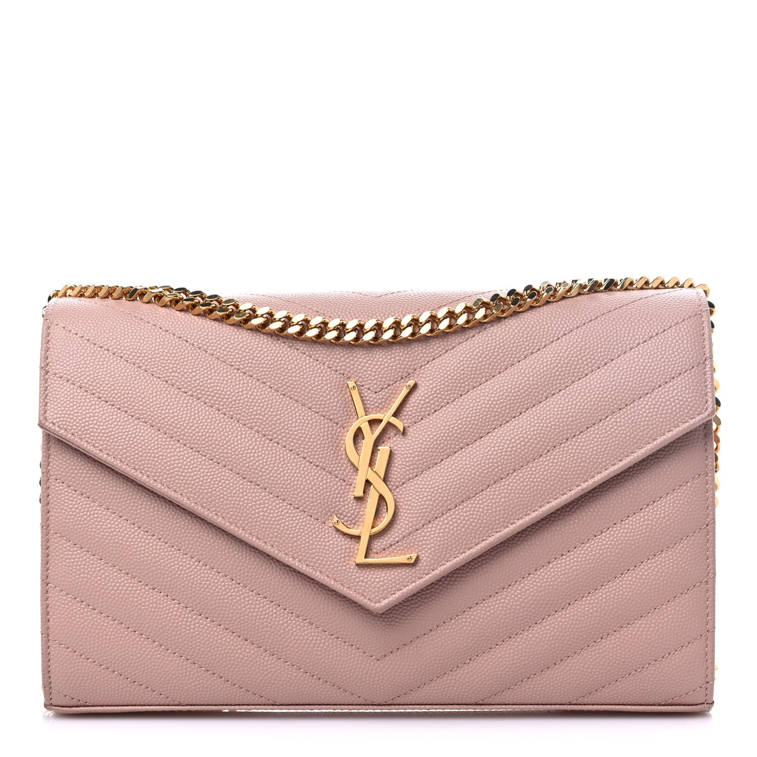Saint Laurent Grain De Poudre Matelasse Chevron Monogram Chain Wallet Pale Blush 1 of 7