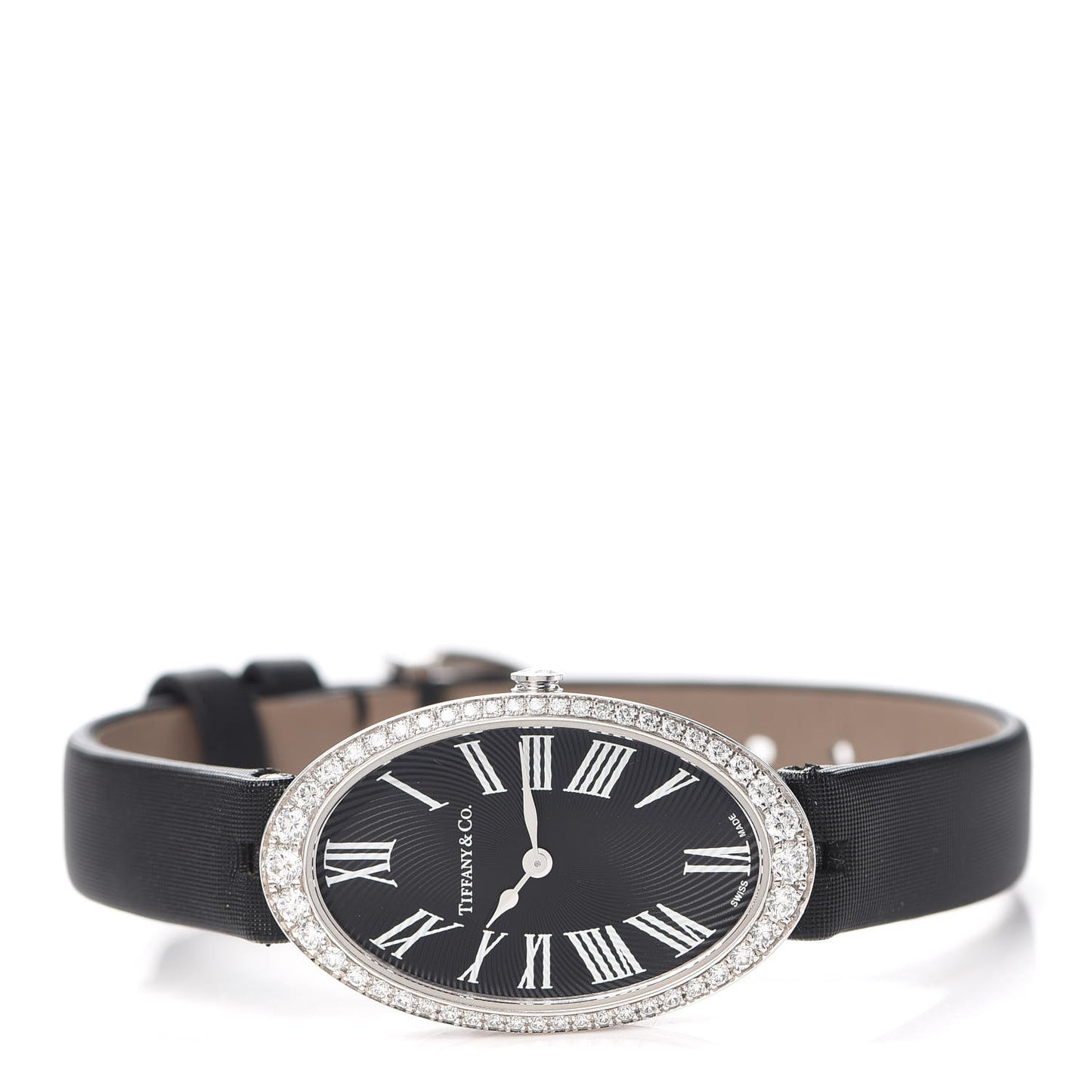 18K White Gold Satin Diamond Bezel 21mm 2-Hand Cocktail Quartz Watch Black