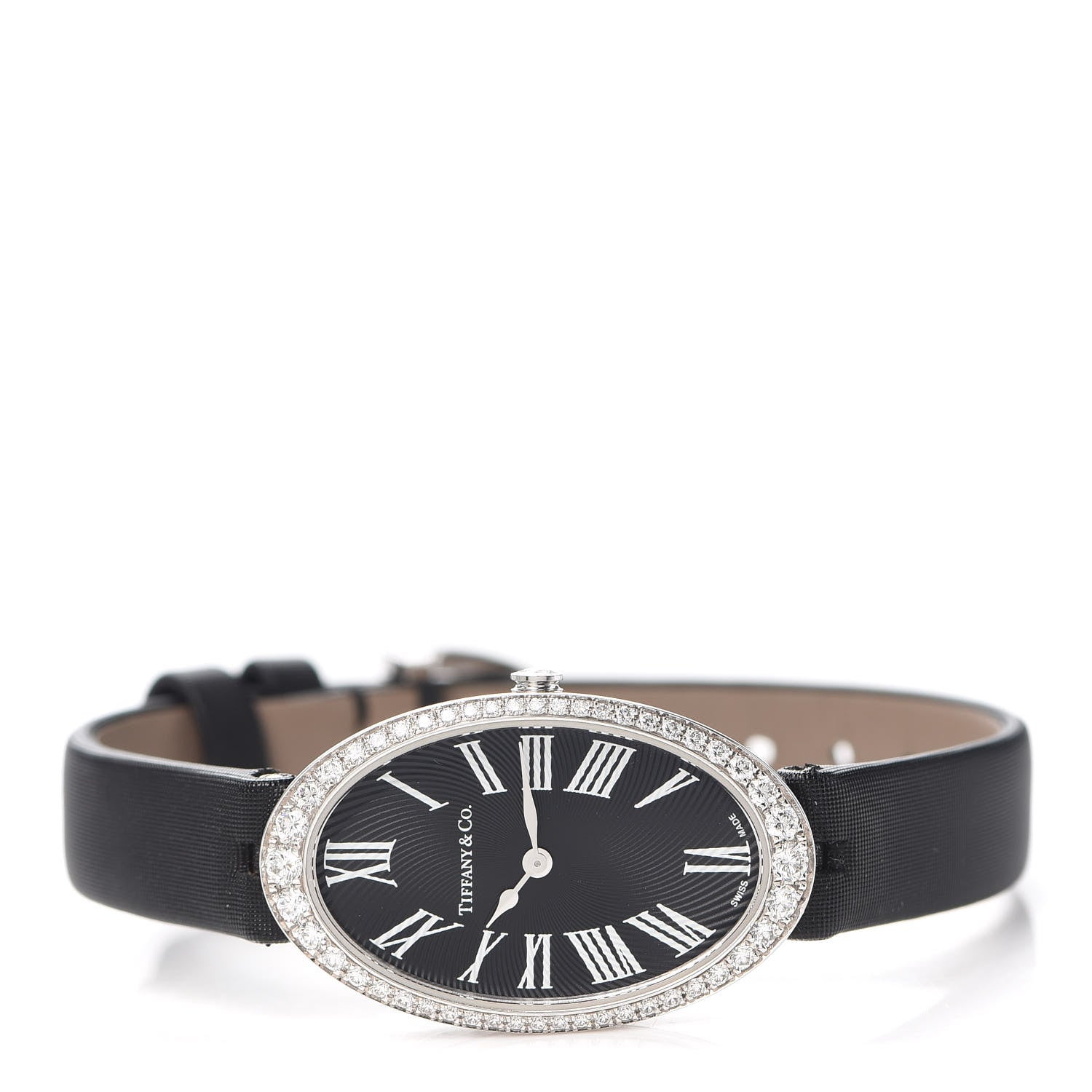 Tiffany 18K White Gold Satin Diamond Bezel 21mm 2-Hand Cocktail Quartz Watch Black 2 of 5