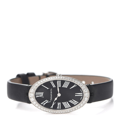 Tiffany 18K White Gold Satin Diamond Bezel 21mm 2-Hand Cocktail Quartz Watch Black 2 of 5