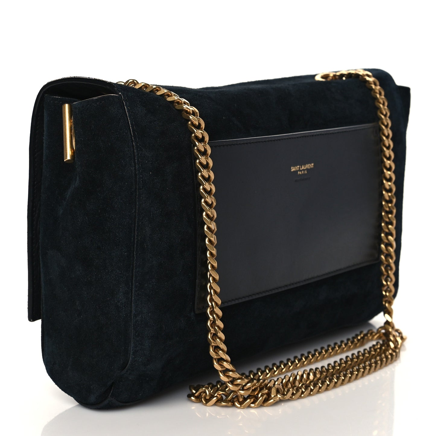 Calfskin Crocodile Embossed Suede Medium Reversible Monogram Kate Satchel Black Navy