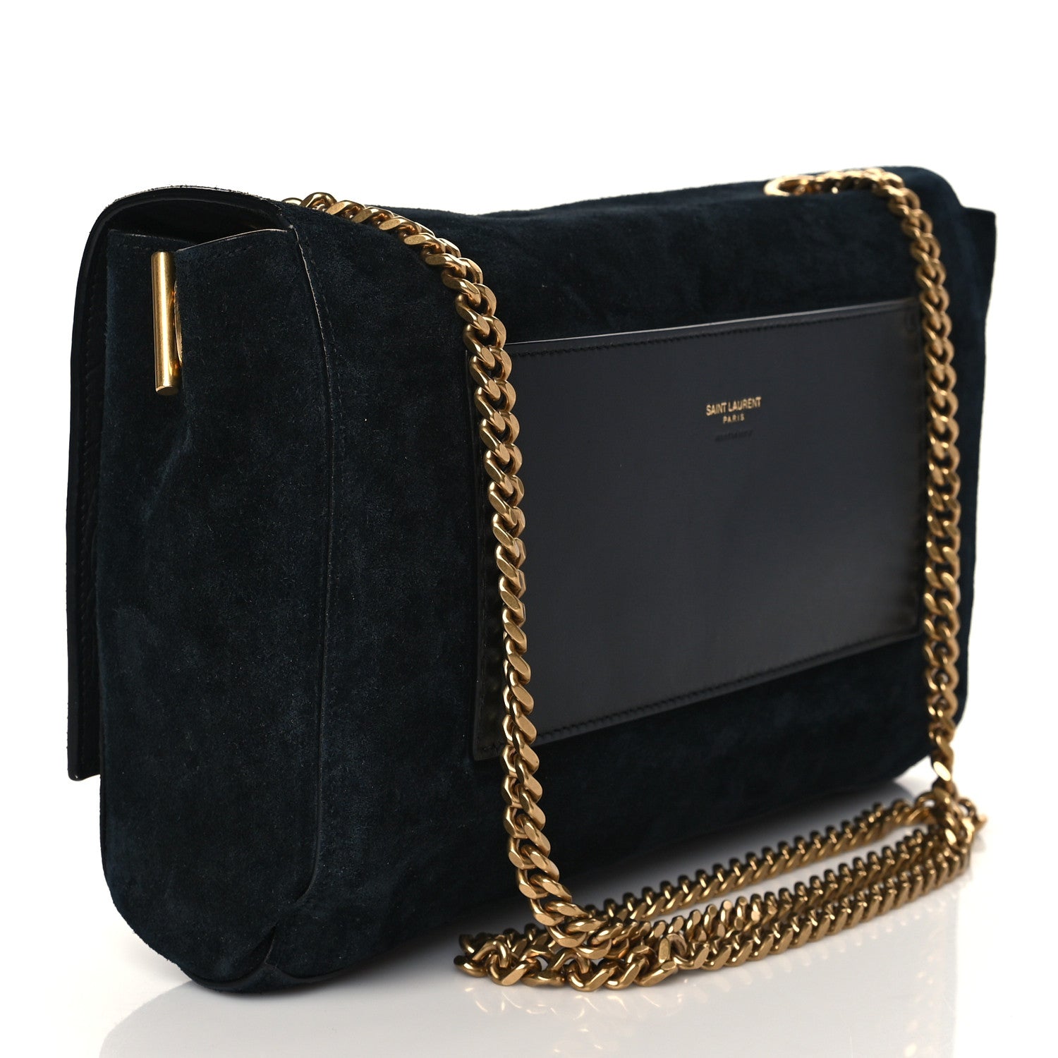 Saint Laurent Calfskin Crocodile Embossed Suede Medium Reversible Monogram Kate Satchel Black Navy 4 of 14