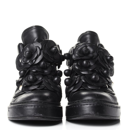 Chanel Lambskin Camellia High Top Sneakers 36 Navy 2 of 4