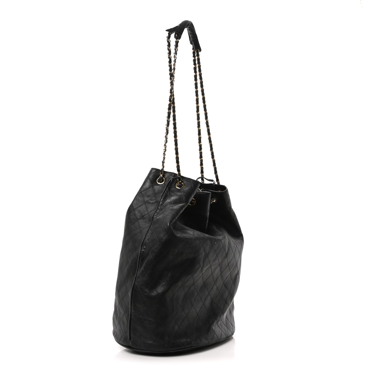 Lambskin Quilted Drawstring Bucket Bag Black
