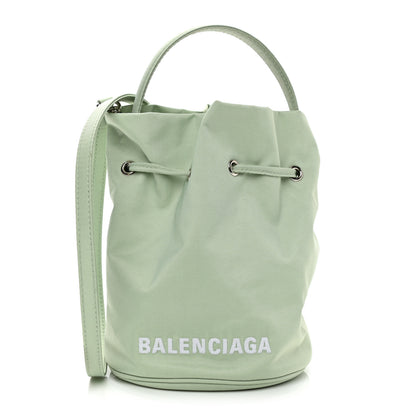 Balenciaga Recycled Sport Nylon Logo Embroidered Wheel Drawstring Bucket Bag Light Green White 1 of 11