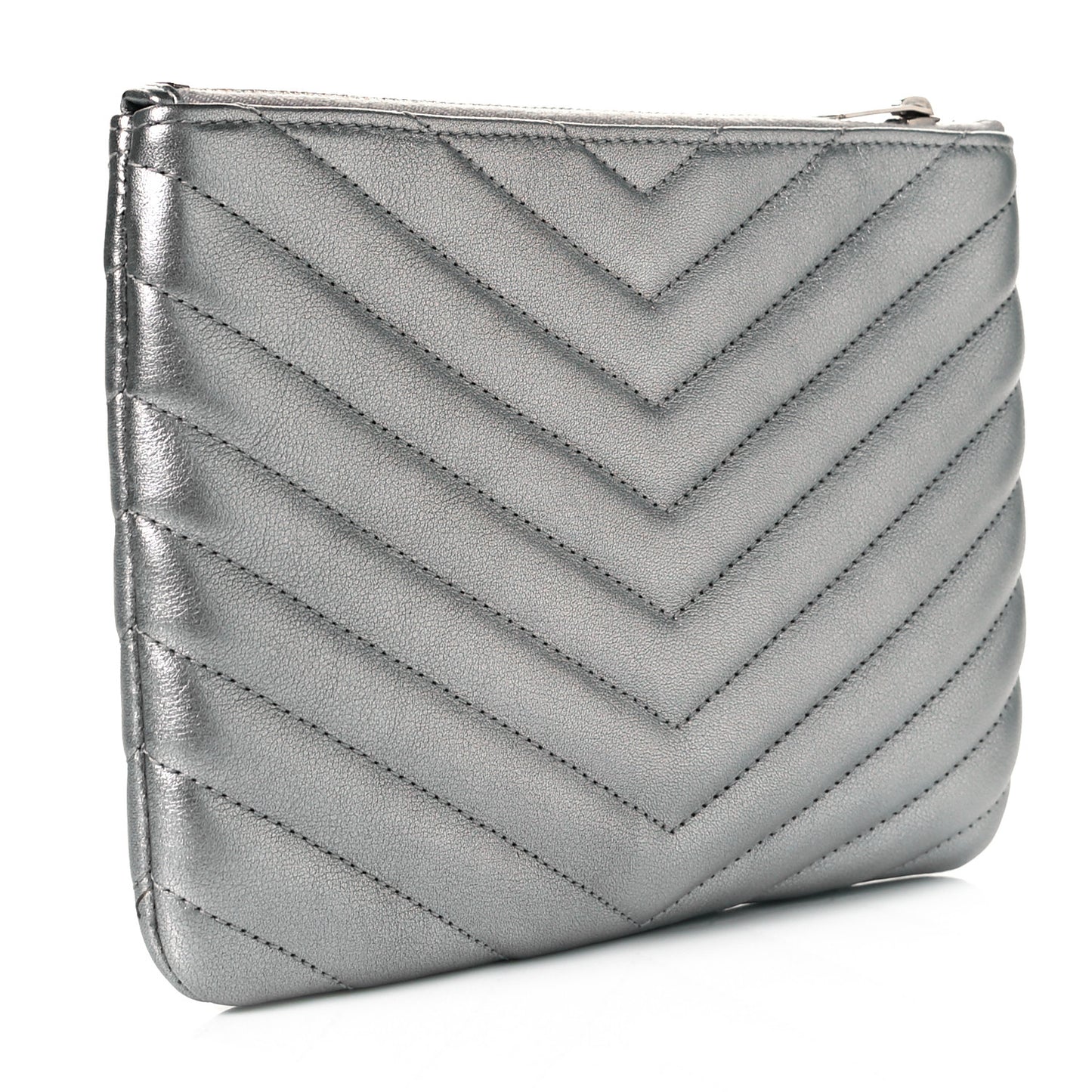 Metallic Calfskin Matelasse Chevron Monogram Pouch Silver