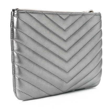 Saint Laurent Metallic Calfskin Matelasse Chevron Monogram Pouch Silver 3 of 10