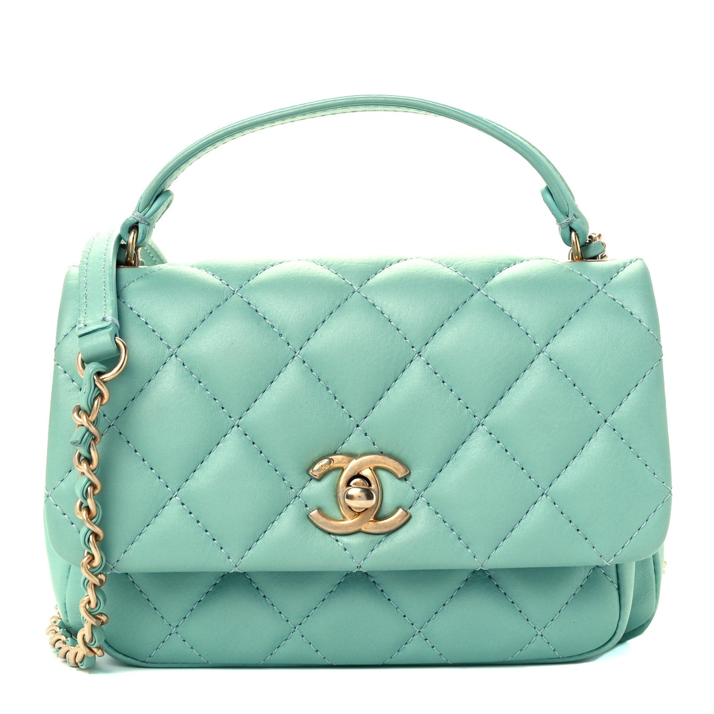 Calfskin Quilted Top Handle Flap Light Blue