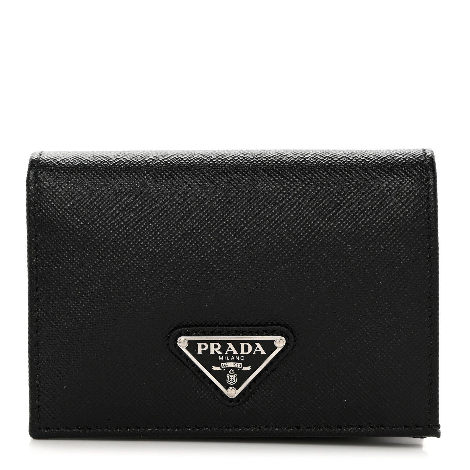 Prada Saffiano Triangle Bi-Fold Card Holder Wallet Black 1 of 7