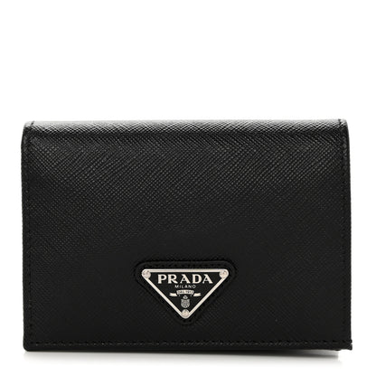 Prada Saffiano Triangle Bi-Fold Card Holder Wallet Black 1 of 7