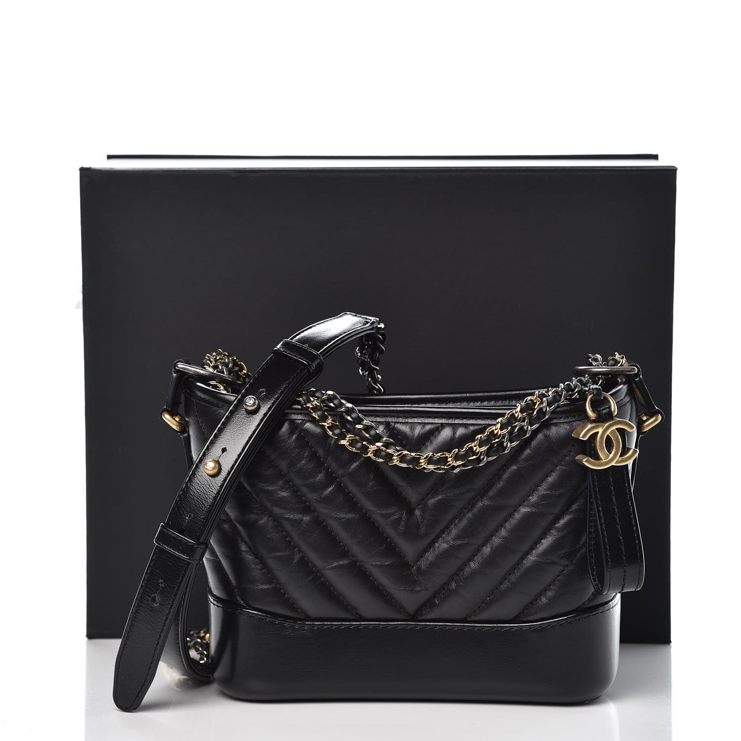 Aged Calfskin Chevron Quilted Small Gabrielle Hobo Black