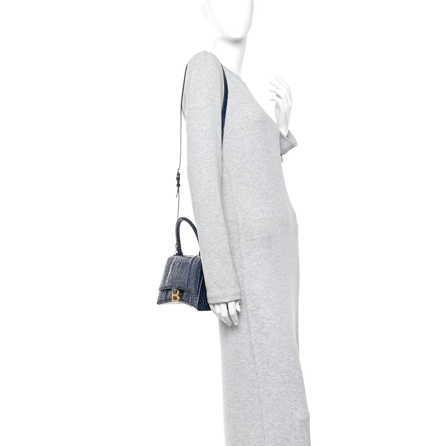 Balenciaga Shiny Calfskin Crocodile Embossed Small Hourglass Top Handle Bag Navy 2 of 10