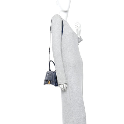 Balenciaga Shiny Calfskin Crocodile Embossed Small Hourglass Top Handle Bag Navy 2 of 10