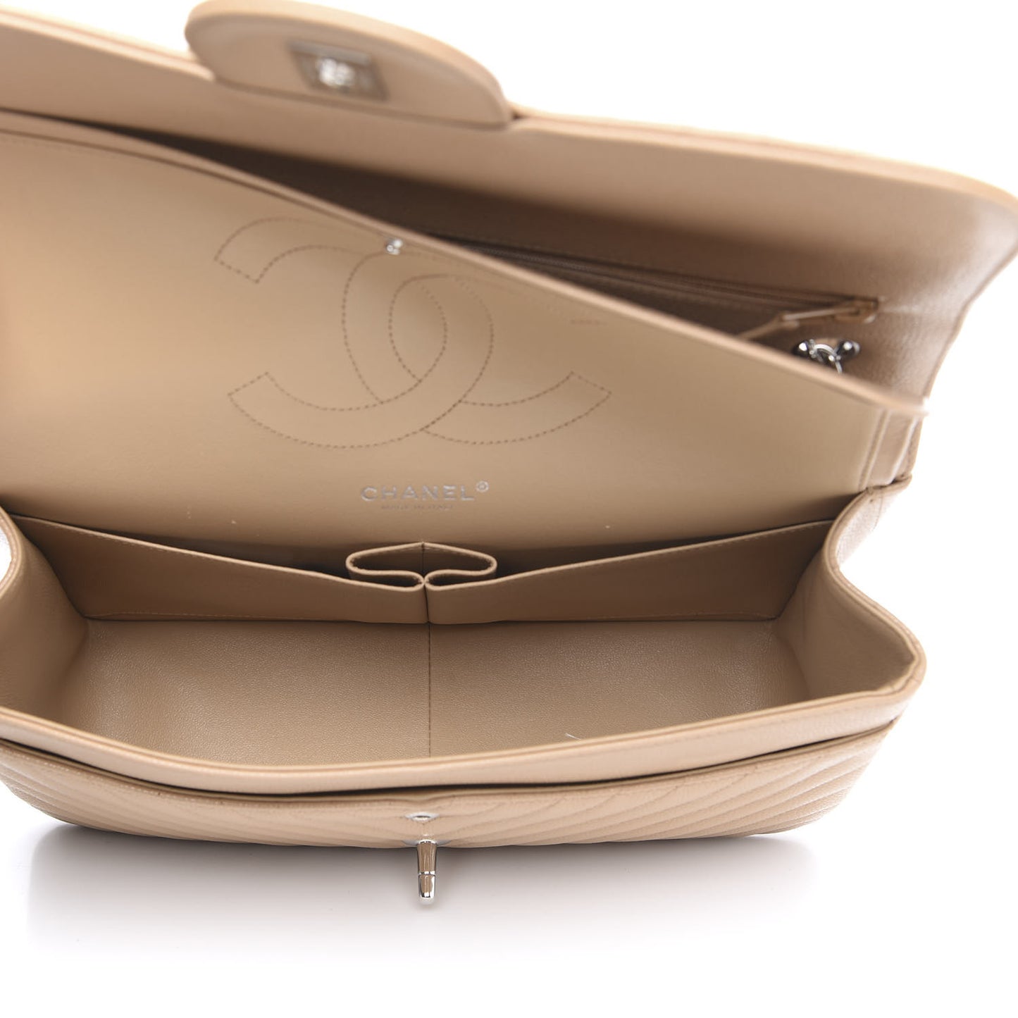 Caviar Chevron Quilted Jumbo Double Flap Beige