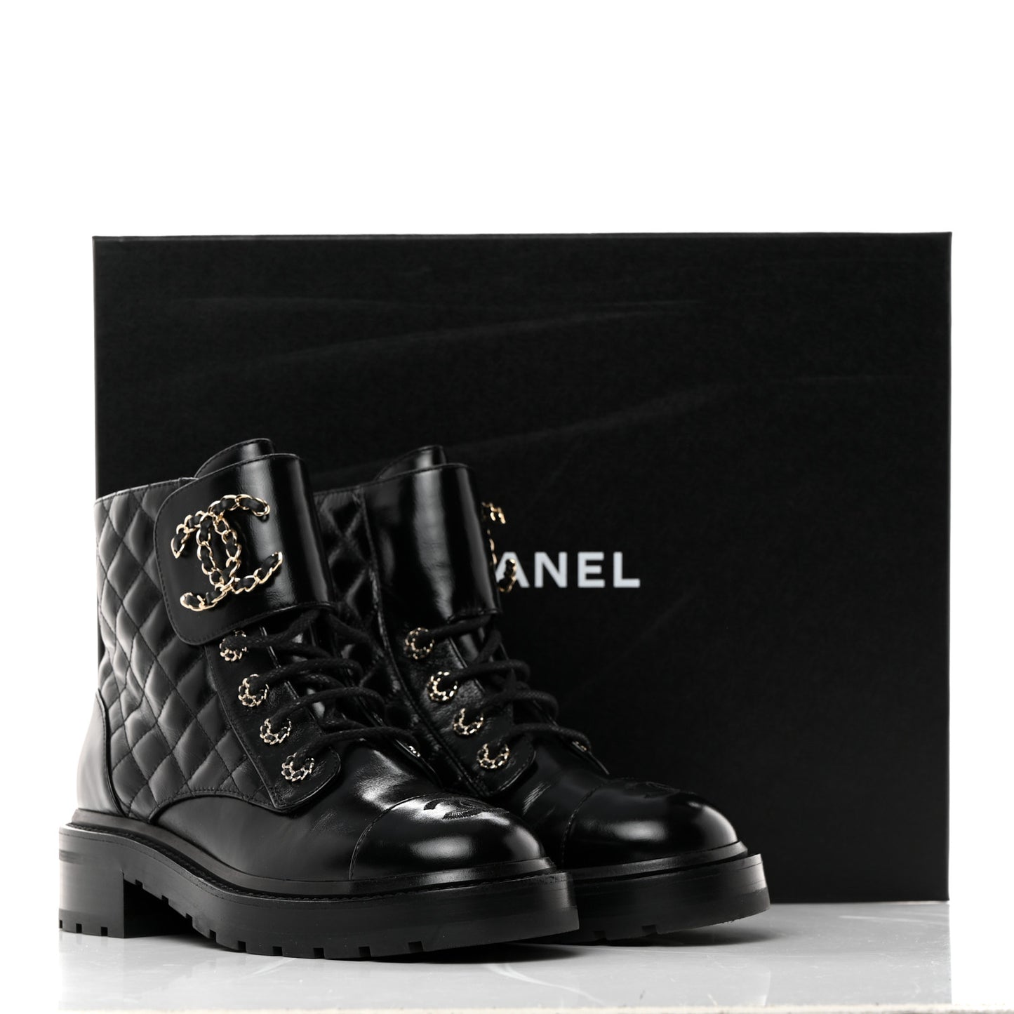 Shiny Calfskin Quilted Lace Up Combat Boots 37.5 Black