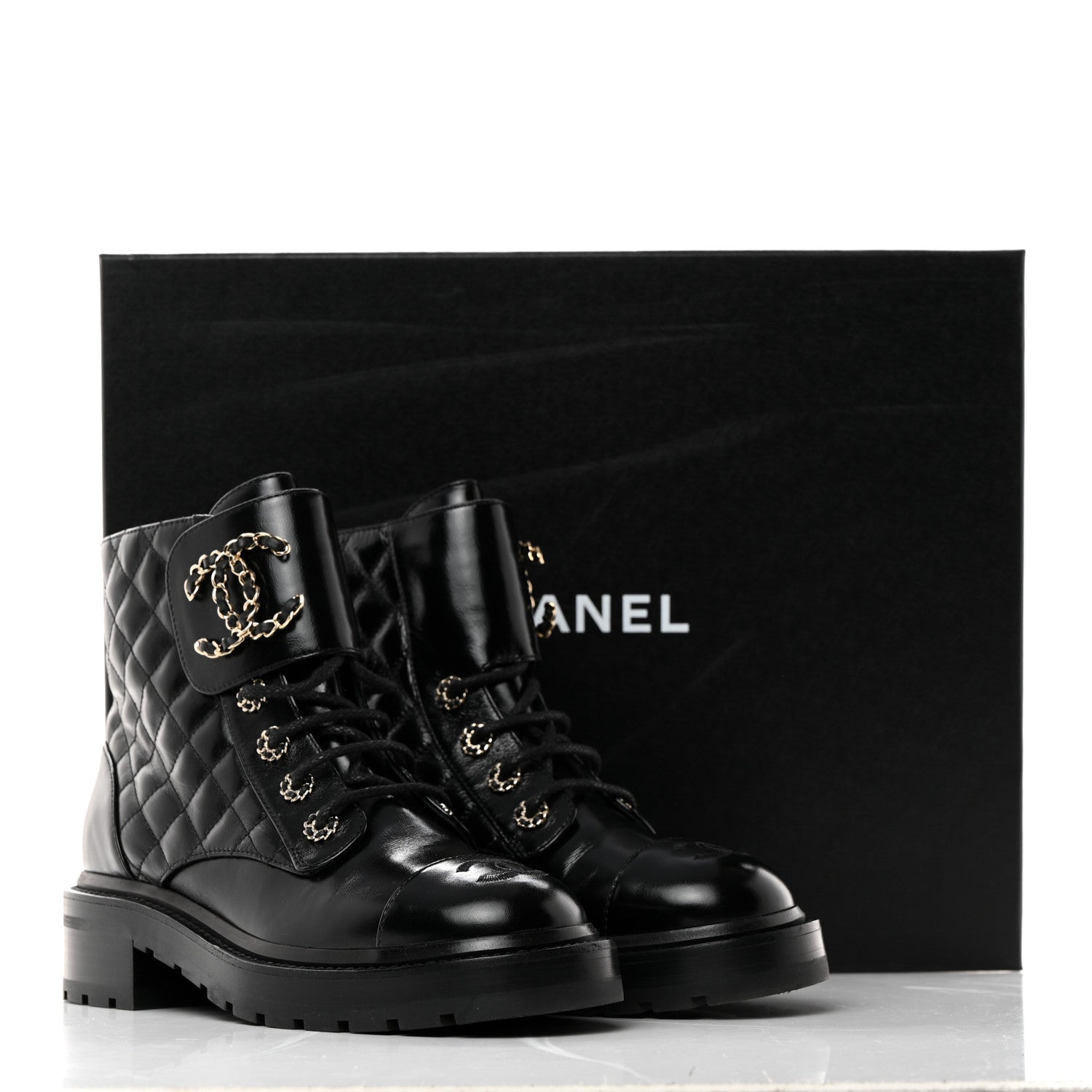 Chanel Shiny Calfskin Quilted Lace Up Combat Boots 37.5 Black 9 of 9