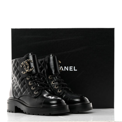 Chanel Shiny Calfskin Quilted Lace Up Combat Boots 37.5 Black 9 of 9