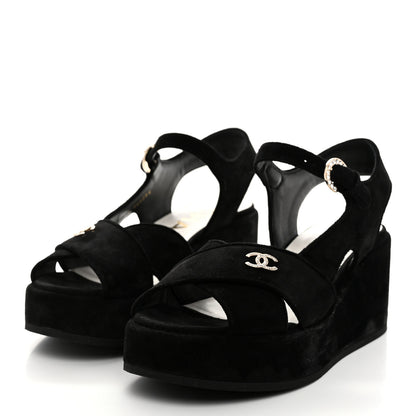 Chanel Suede Calfskin Peep Toe Wedge Sandals 37 Black 3 of 8