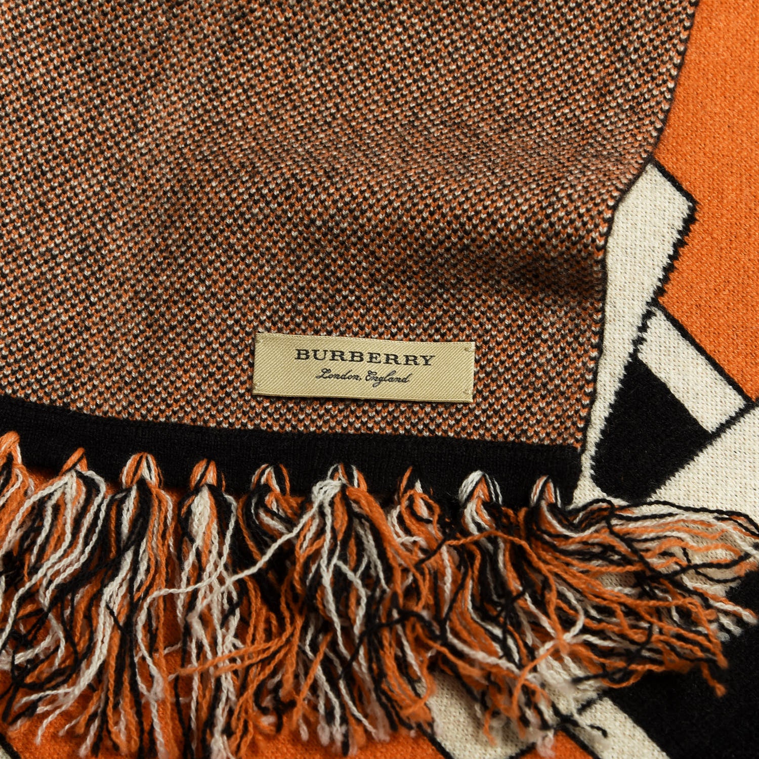 Burberry Cashmere Jacquard Logo Football Knit Scarf Black Orange 3 of 4