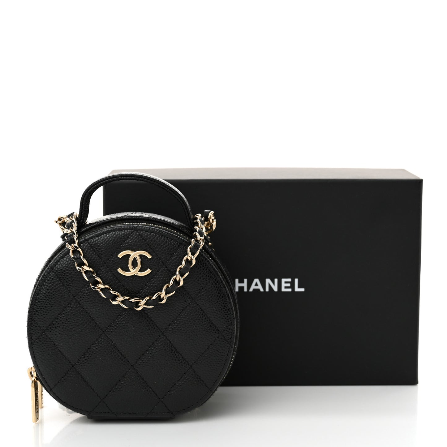 Caviar Quilted Round Handle With Care Vanity With Chain Black
